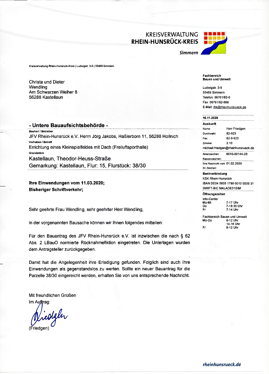 Schreiben Untere Bauaufsichtsbehoerde