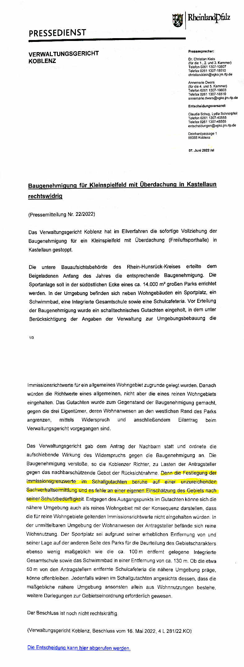 Pressedienst Verwaltungsgericht Koblenz